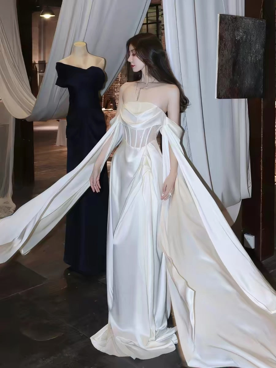 Robe de mariée longue blanche à épaules dénudées, coupe trapèze, robe de soirée longue J3674