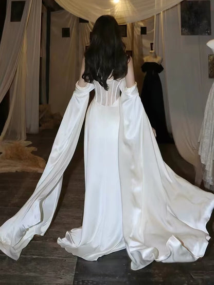 Robe de mariée longue blanche à épaules dénudées, coupe trapèze, robe de soirée longue J3674