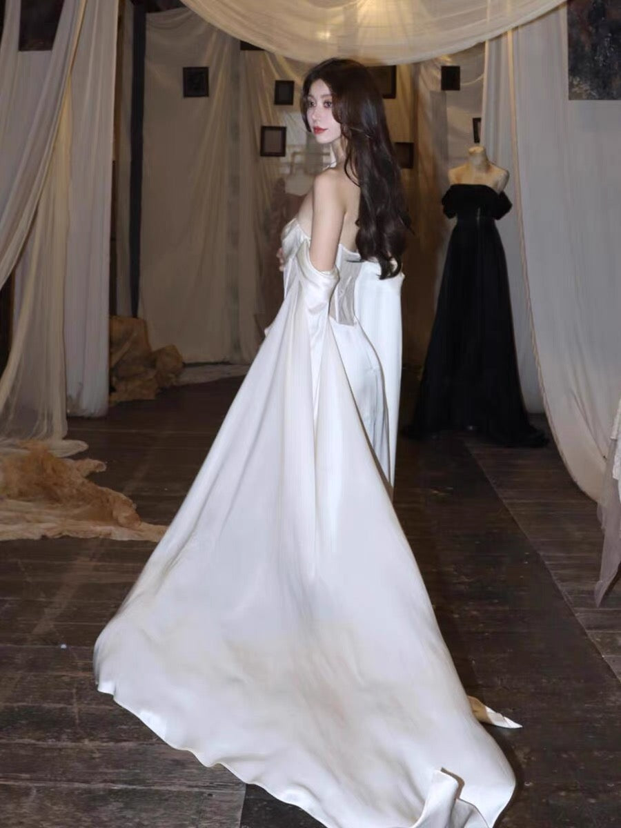 Robe de mariée longue blanche à épaules dénudées, coupe trapèze, robe de soirée longue J3674