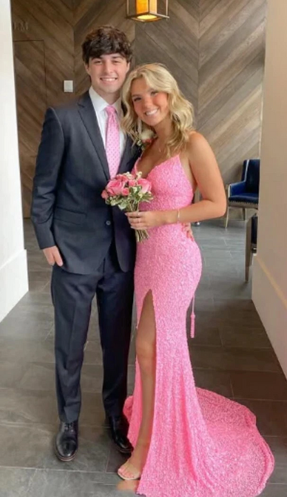 Elegante Meerjungfrau Pailletten Rosa Lange Ballkleider Abendkleid J3687