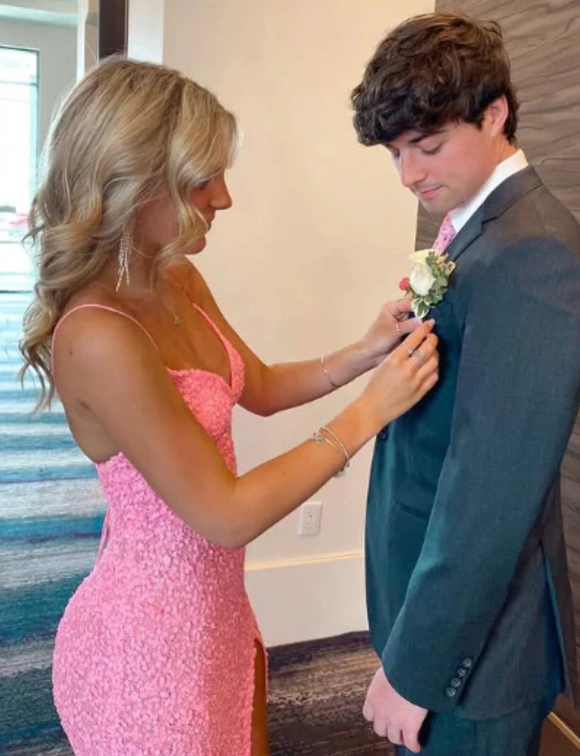 Elegante Meerjungfrau Pailletten Rosa Lange Ballkleider Abendkleid J3687