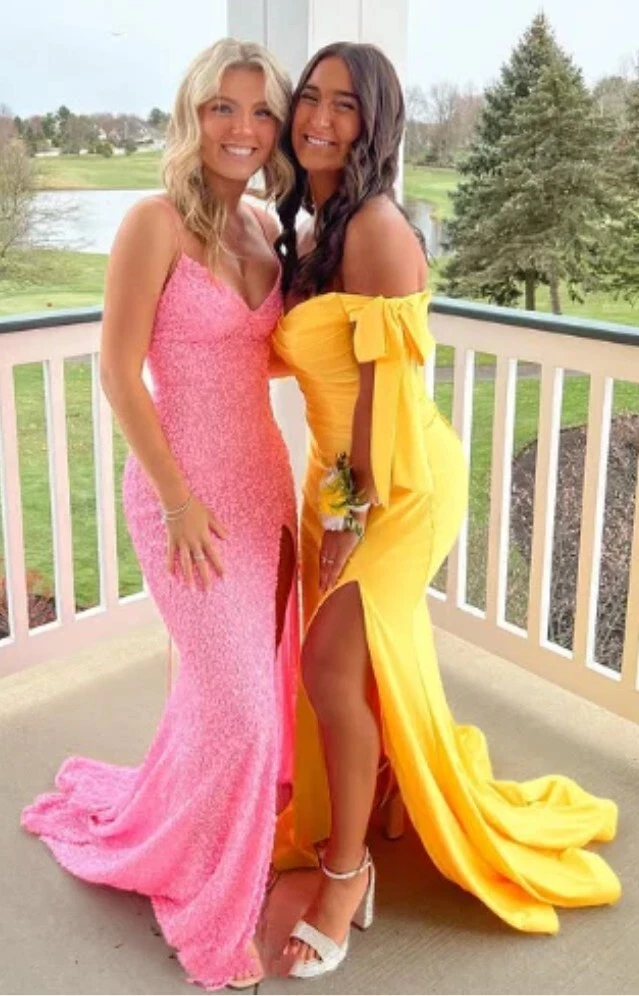 Elegante Meerjungfrau Pailletten Rosa Lange Ballkleider Abendkleid J3687