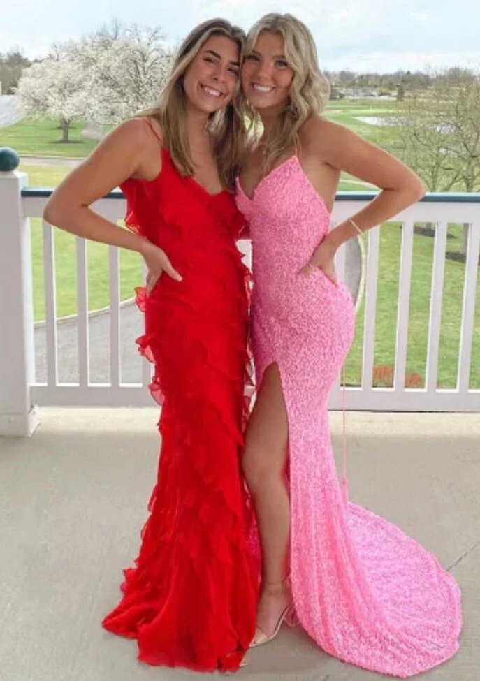 Elegante Meerjungfrau Pailletten Rosa Lange Ballkleider Abendkleid J3687