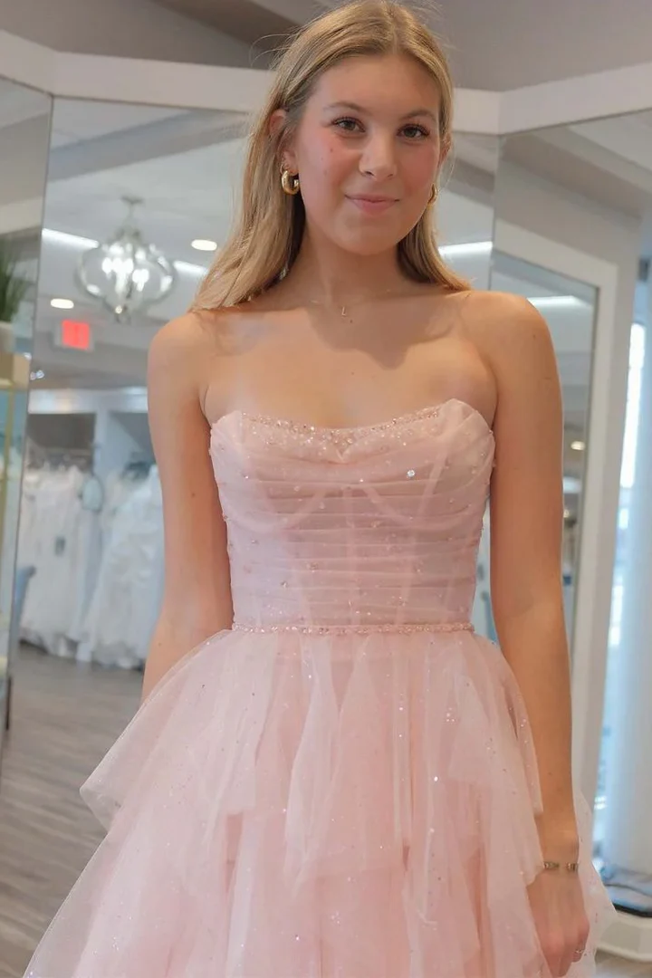 Robe de bal longue rose bustier coupe trapèze en tulle, tenue de soirée formelle J3715