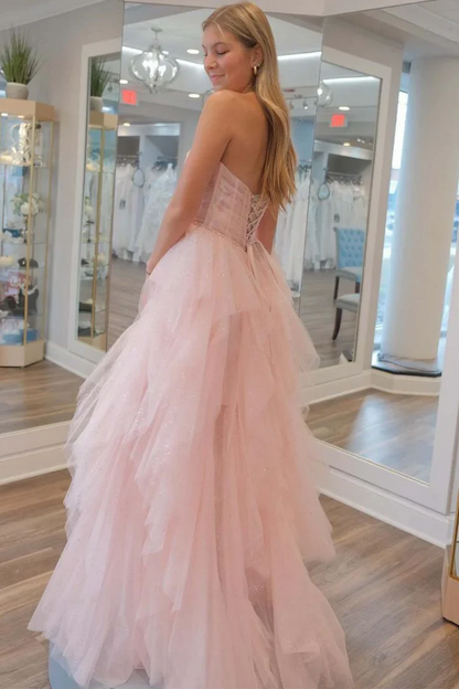 Robe de bal longue rose bustier coupe trapèze en tulle, tenue de soirée formelle J3715