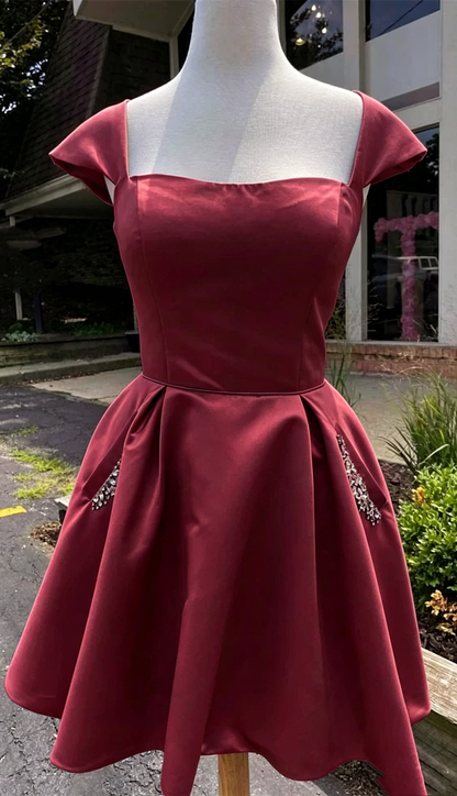 Sky Blue Satin Short Homecoming Dress With Beaded Pockets J3873