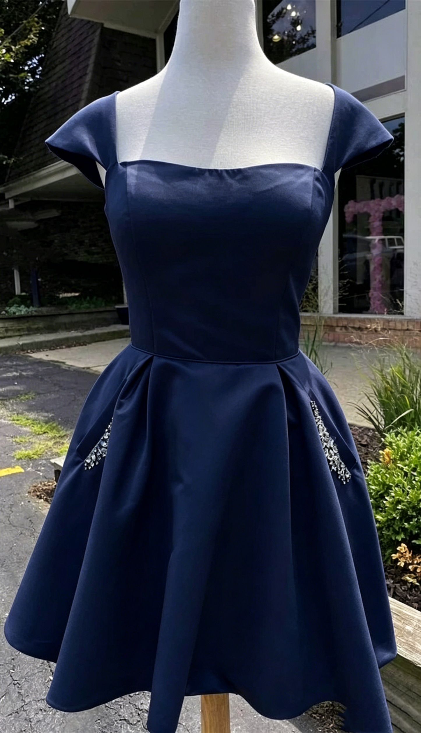 Sky Blue Satin Short Homecoming Dress With Beaded Pockets J3873