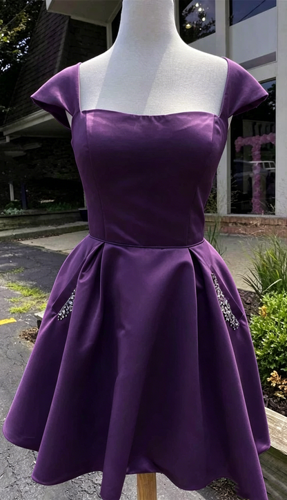 Sky Blue Satin Short Homecoming Dress With Beaded Pockets J3873