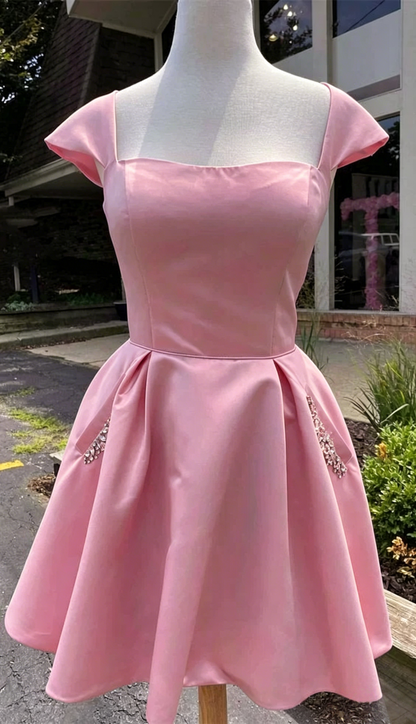 Sky Blue Satin Short Homecoming Dress With Beaded Pockets J3873