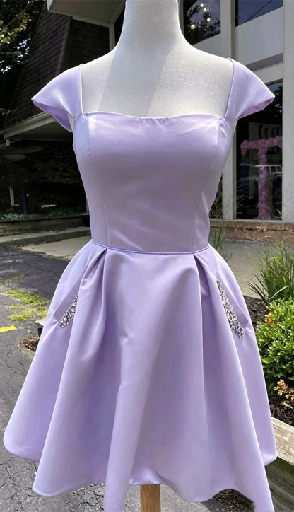 Sky Blue Satin Short Homecoming Dress With Beaded Pockets J3873