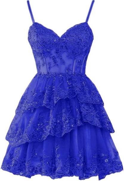 Lavendel Spitze Homecoming Kleider Lagen A-Linie Kurzes Minikleid J3955