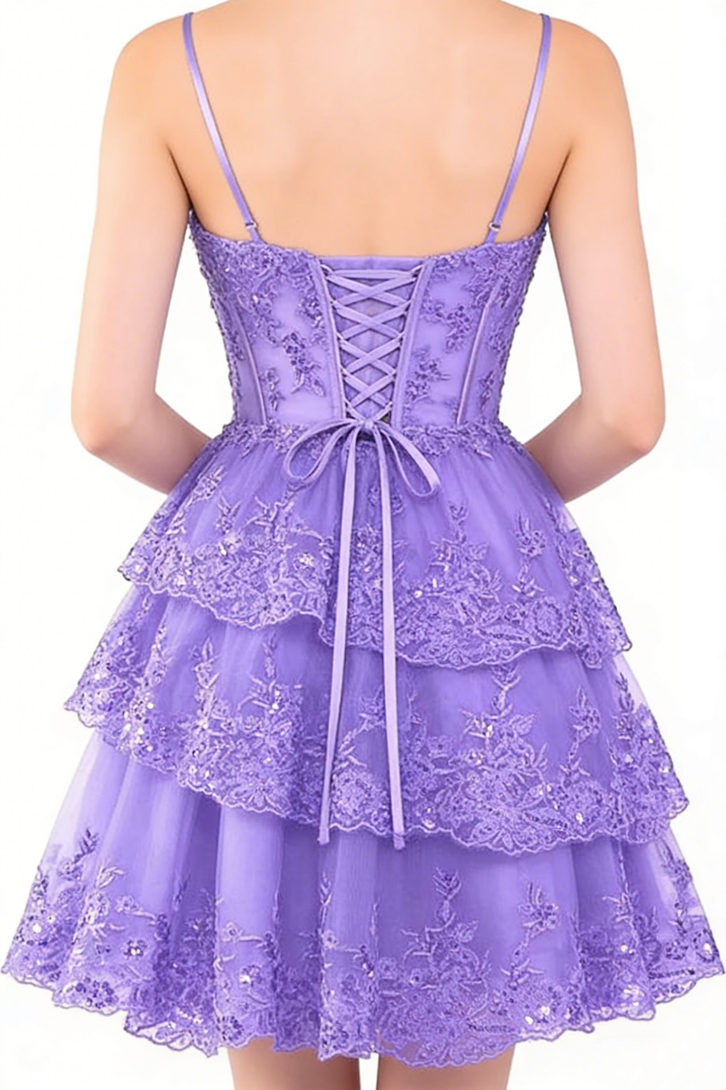 Lavendel Spitze Homecoming Kleider Lagen A-Linie Kurzes Minikleid J3955