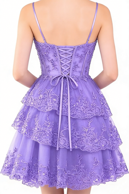 Lavendel Spitze Homecoming Kleider Lagen A-Linie Kurzes Minikleid J3955