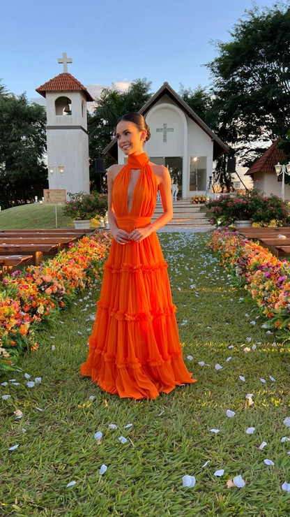 Orange Chiffon Elegant Long  Evening Dress Prom  Party Dress J3978