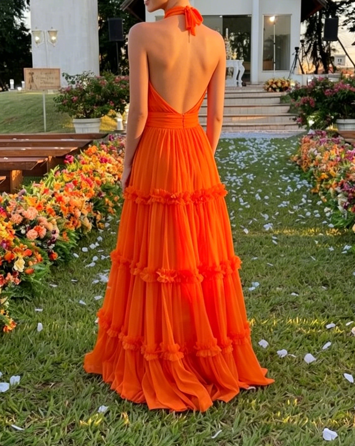 Orange Chiffon Elegant Long  Evening Dress Prom  Party Dress J3978