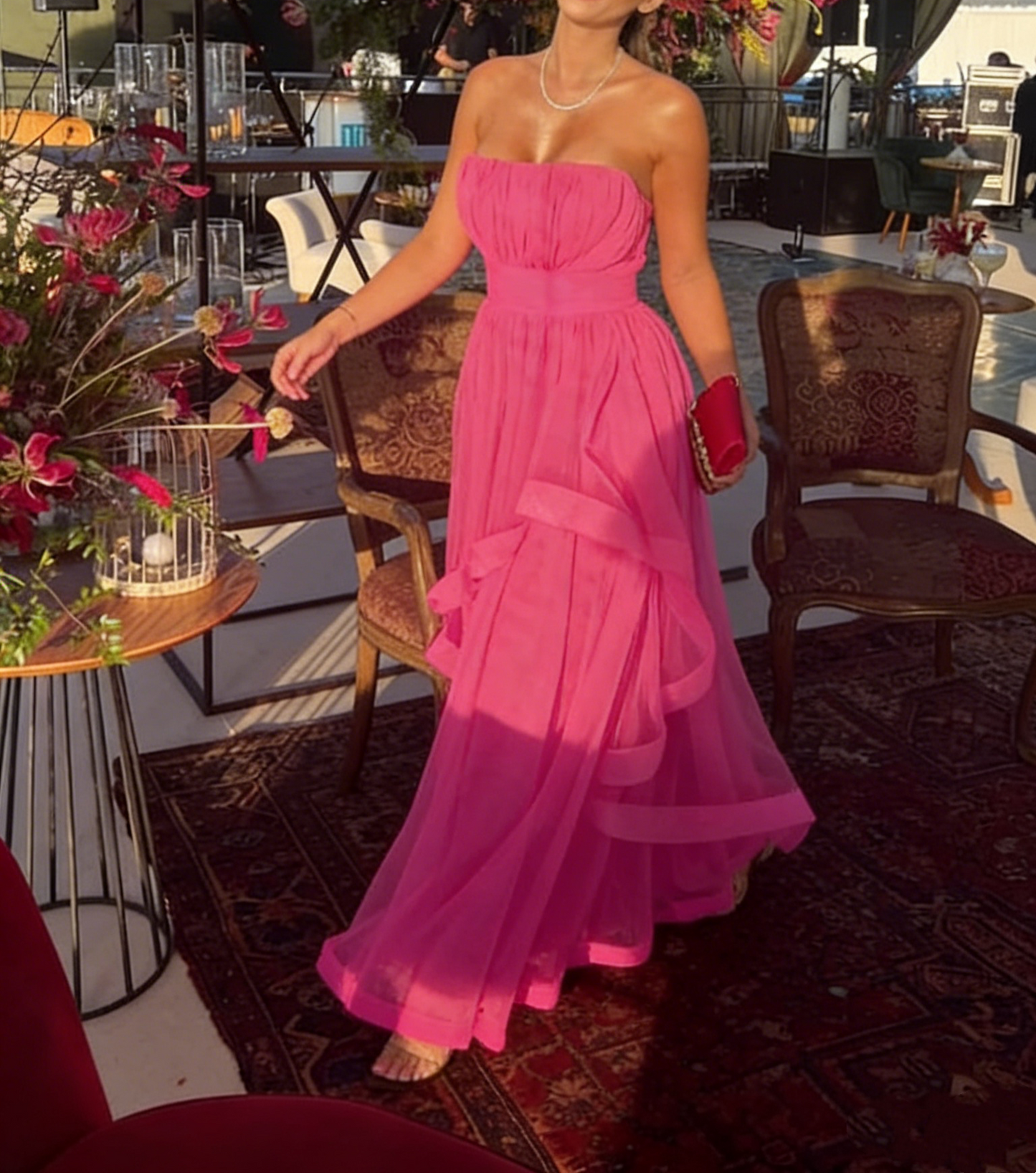 Robe de bal longue bustier coupe trapèze rose vif à volants, robe de soirée formelle J4146