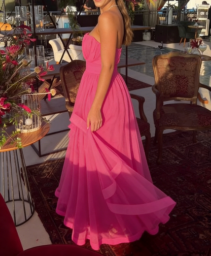Robe de bal longue bustier coupe trapèze rose vif à volants, robe de soirée formelle J4146