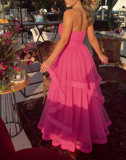 Robe de bal longue bustier coupe trapèze rose vif à volants, robe de soirée formelle J4146