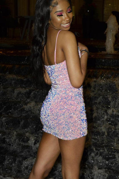 Pink Sequin Sheath Short Birthday Dress Homecoming Gown J4165