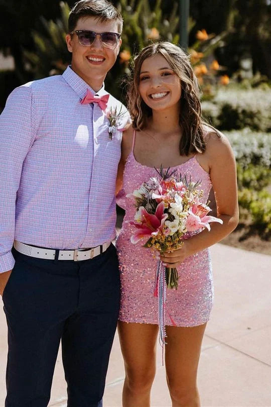 Pink Sequin Sheath Short Birthday Dress Homecoming Gown J4165