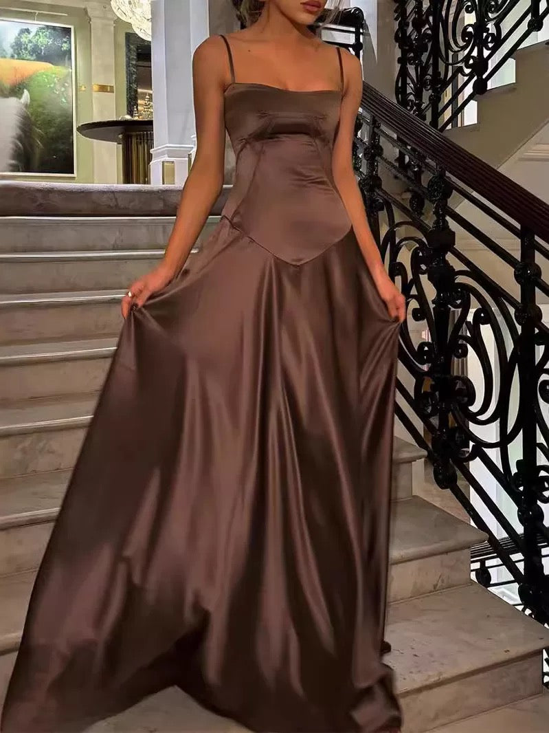 Spaghetti Straps Coffee Long Prom Dress Formal Party Dress J4304