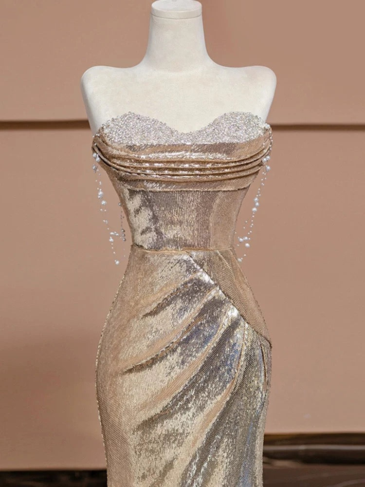 Robe de soirée longue sirène bustier à sequins rouges J4355