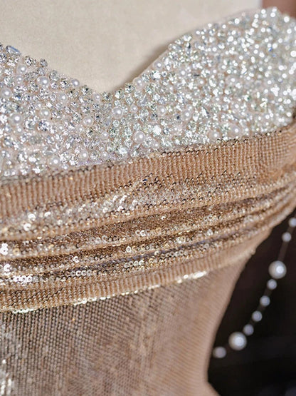 Robe de soirée longue sirène bustier à sequins rouges J4355