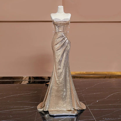 Robe de soirée longue sirène bustier à sequins rouges J4355