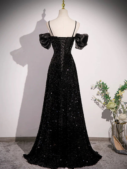 A Line Off Shoulder Black Sequin Long Prom Dress J4375