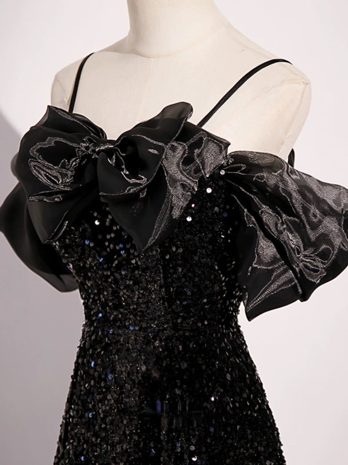 A Line Off Shoulder Black Sequin Long Prom Dress J4375