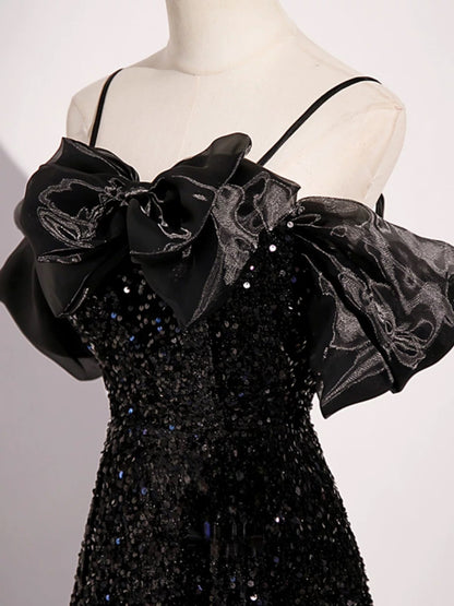 A Line Off Shoulder Black Sequin Long Prom Dress J4375