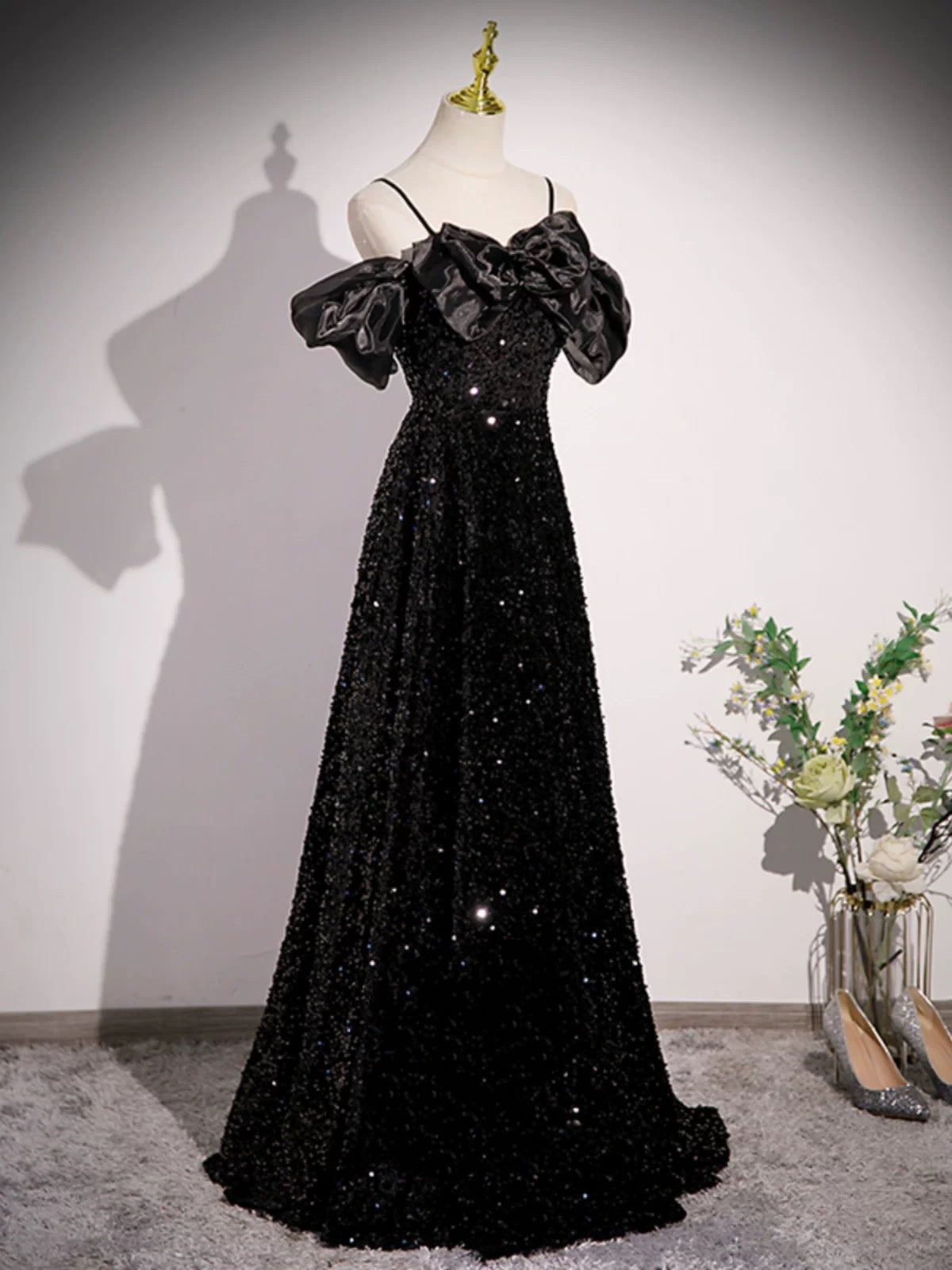 A Line Off Shoulder Black Sequin Long Prom Dress J4375