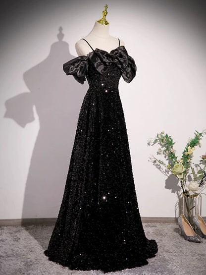 A Line Off Shoulder Black Sequin Long Prom Dress J4375