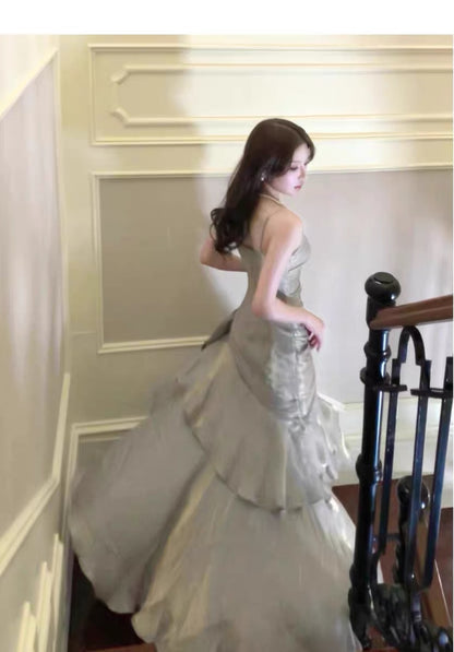 Robe de soirée longue vintage gris argenté J4470