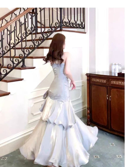 Robe de soirée longue vintage gris argenté J4470