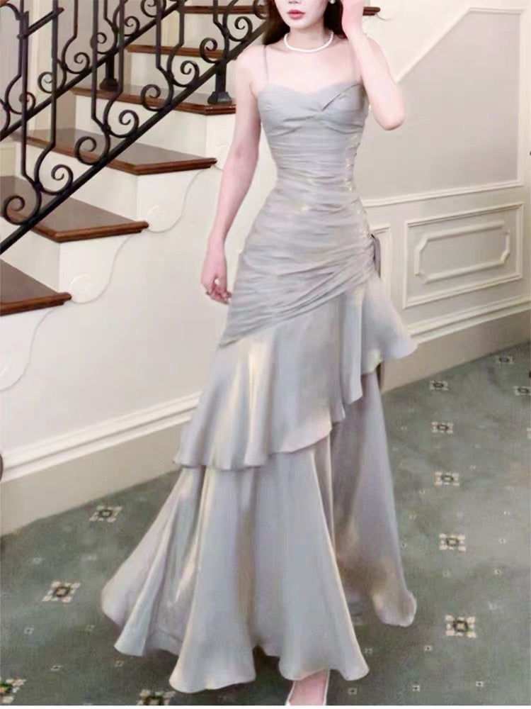 Robe de soirée longue vintage gris argenté J4470
