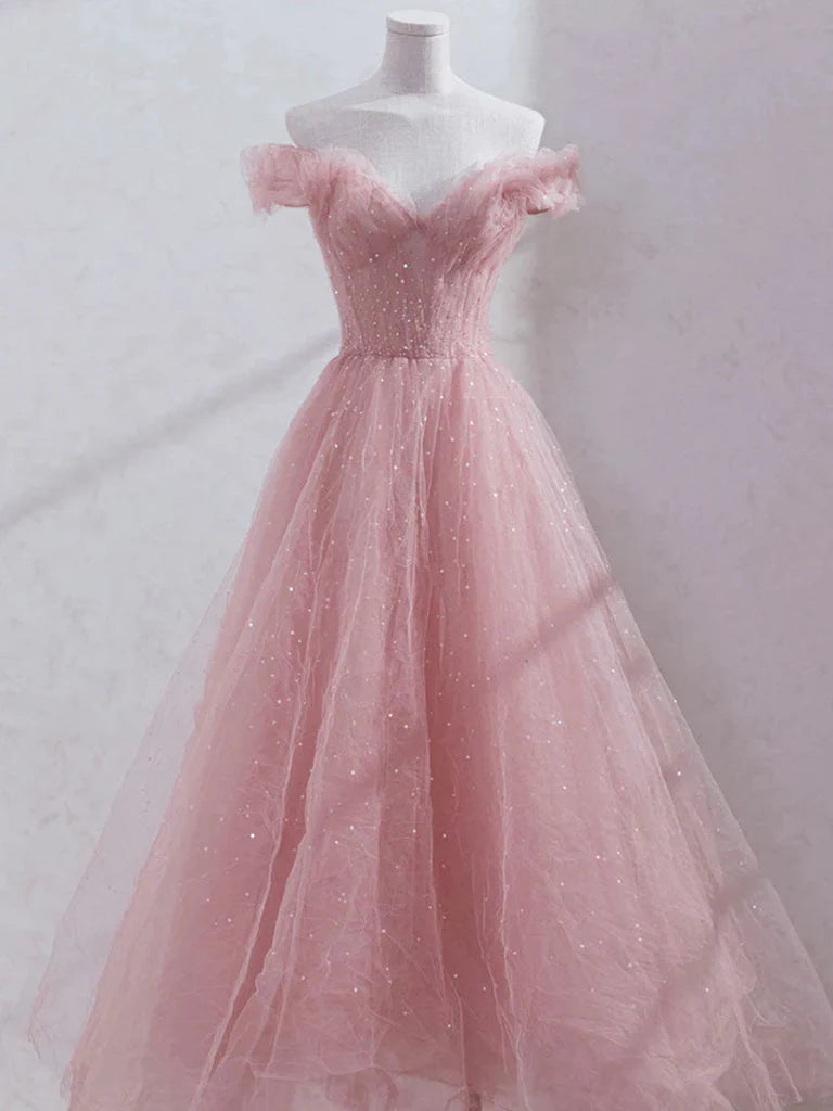 Pink Tulle Fairy Long Prom Dress Off Shoulder Sweet Evening Gown 580