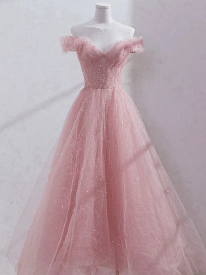 Pink Tulle Fairy Long Prom Dress Off Shoulder Sweet Evening Gown 580