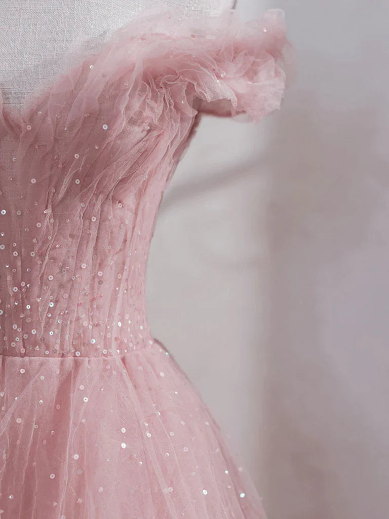 Pink Tulle Fairy Long Prom Dress Off Shoulder Sweet Evening Gown 580