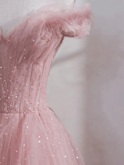 Pink Tulle Fairy Long Prom Dress Off Shoulder Sweet Evening Gown 580