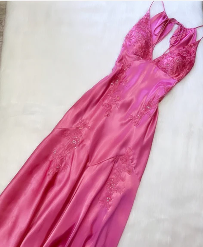 V-Ausschnitt Rosa Applikation Langes Ballkleid Vintage Abendkleid J4704