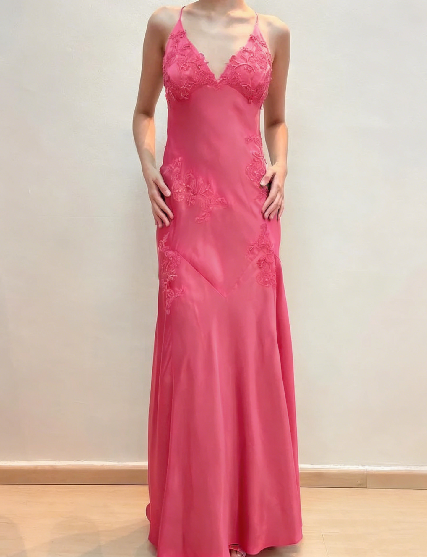 V-Ausschnitt Rosa Applikation Langes Ballkleid Vintage Abendkleid J4704