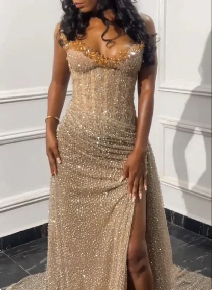 Strapless Champion Sequin Long Prom Dress Slit Evening Gown J4722