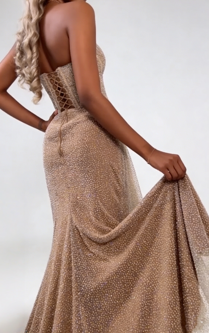 Strapless Champion Sequin Long Prom Dress Slit Evening Gown J4722