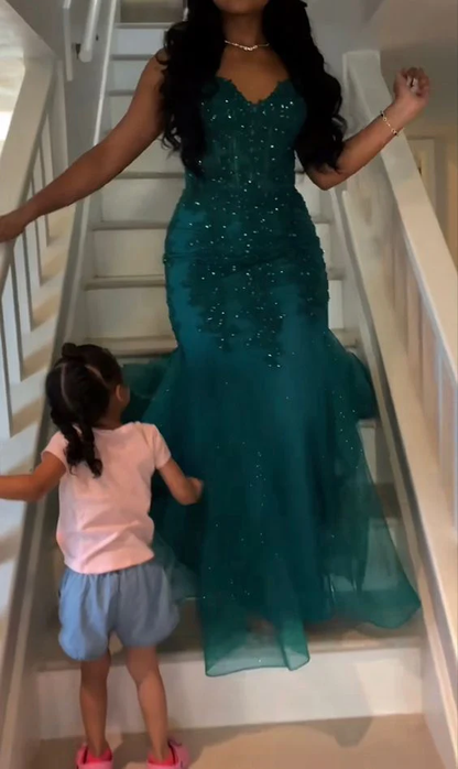 Robe de soirée sirène en tulle vert émeraude et dentelle J4723