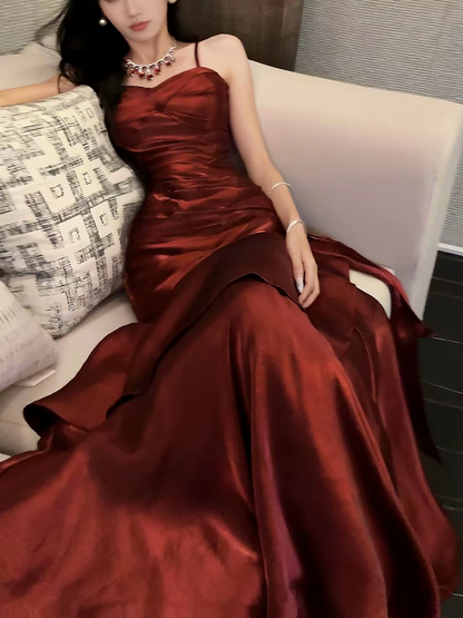 Spaghettiträger Burgunderrot Meerjungfrau Langes Ballkleid Formales Partykleid J4797
