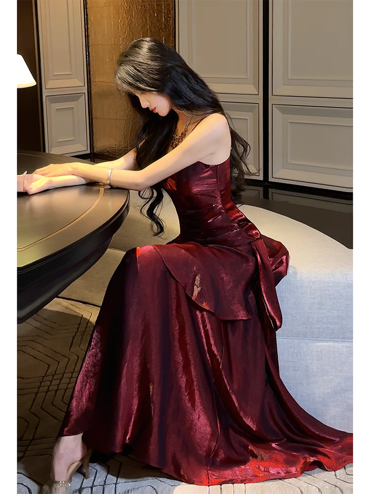 Spaghettiträger Burgunderrot Meerjungfrau Langes Ballkleid Formales Partykleid J4797