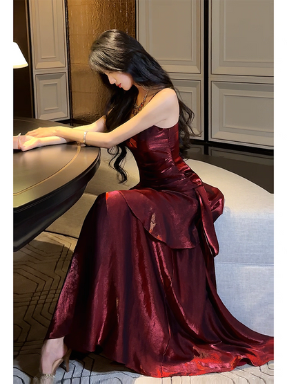 Spaghettiträger Burgunderrot Meerjungfrau Langes Ballkleid Formales Partykleid J4797