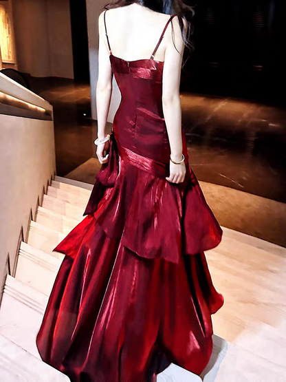 Spaghettiträger Burgunderrot Meerjungfrau Langes Ballkleid Formales Partykleid J4797