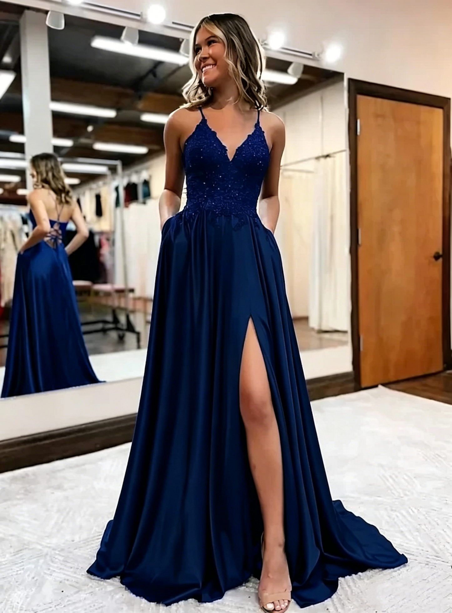 A Line Satin Long Prom Dresses Appliques Split Formal Dress J4810 – JulyProm